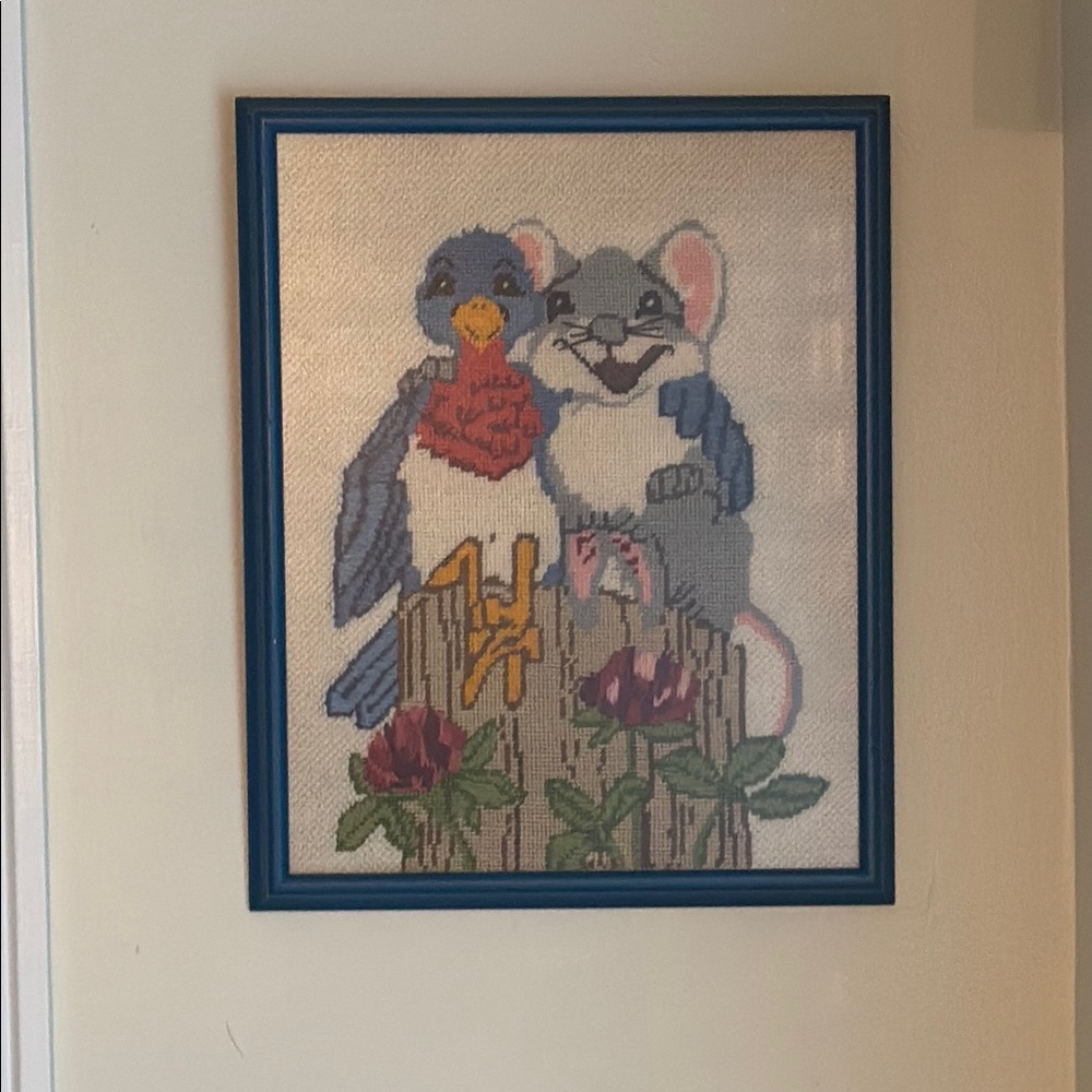 Charming Animal Bird & Mouse Needlepoint Framed Picture Nursery Kids Vintage - Picture 2 of 16